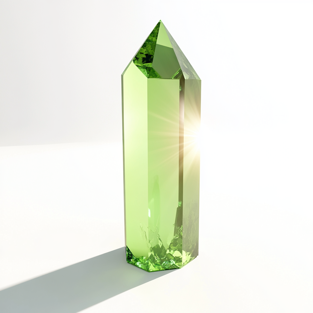 Green crystal in empty space with studio lighting glare.