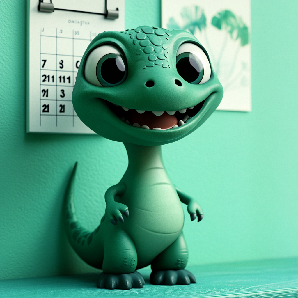 Green dinosaur with big eyes smiling at January calendar.