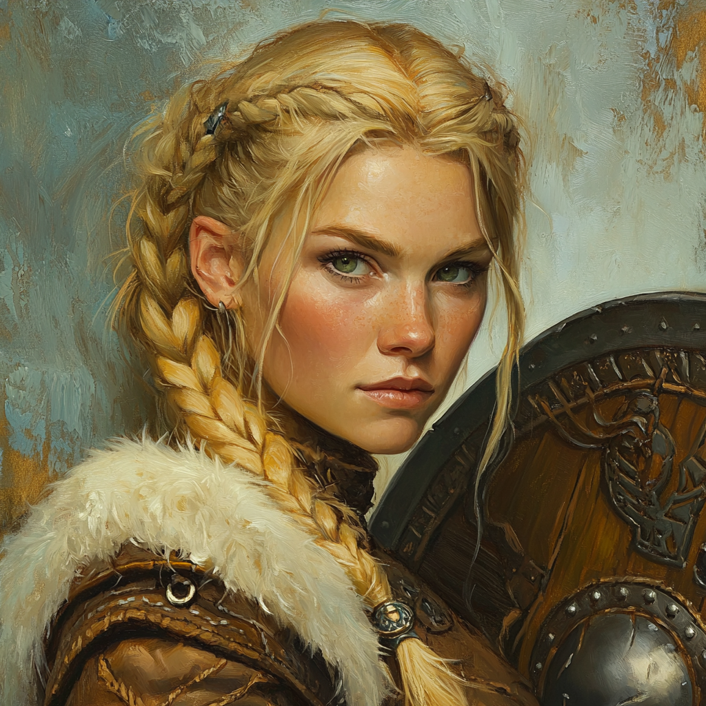 Green-eyed shield maiden wields warhammer, blonde braids.