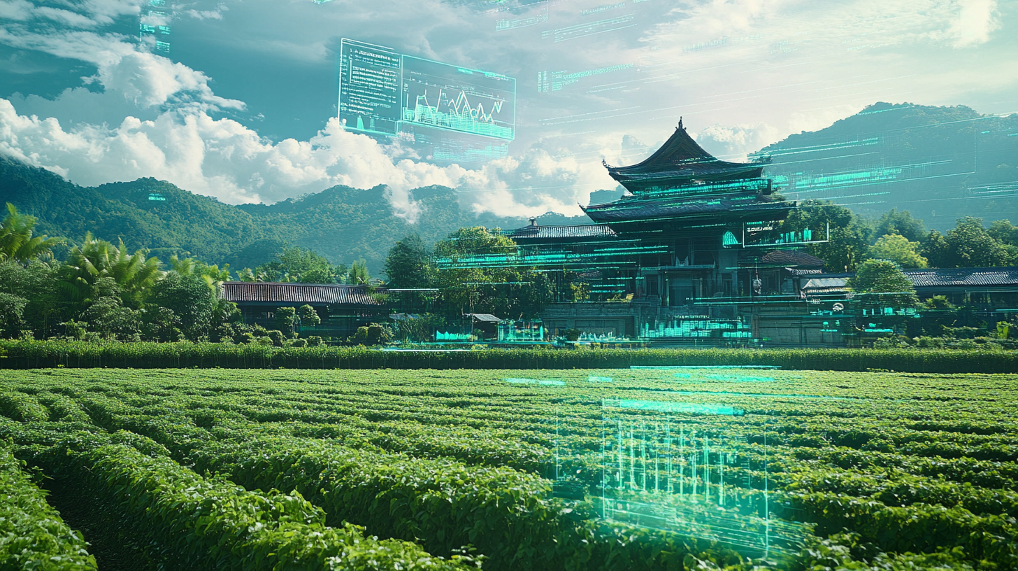 Green fields, Thai building, holographic trading graphs - 16:9