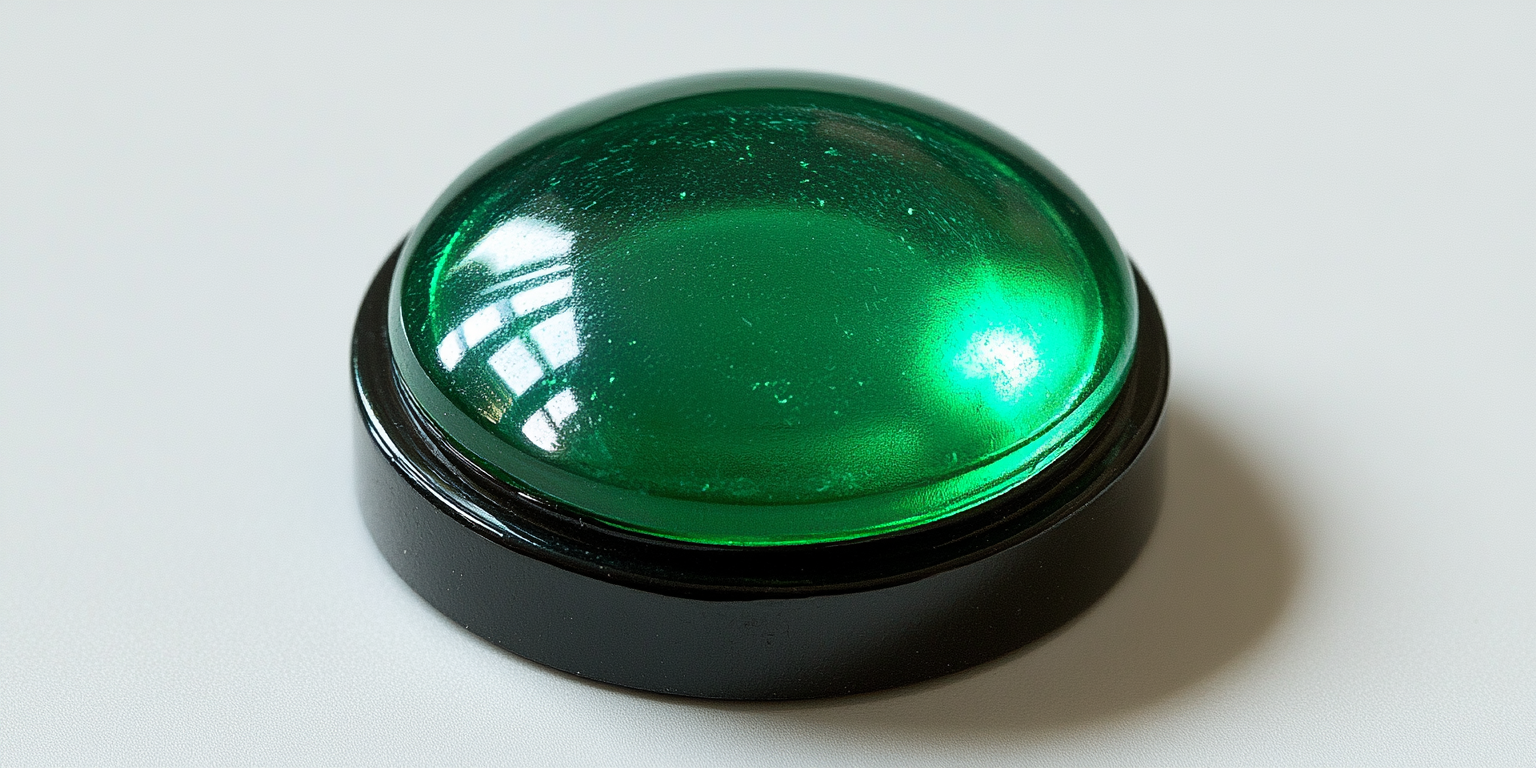 Green glowing button on black base, angled left.