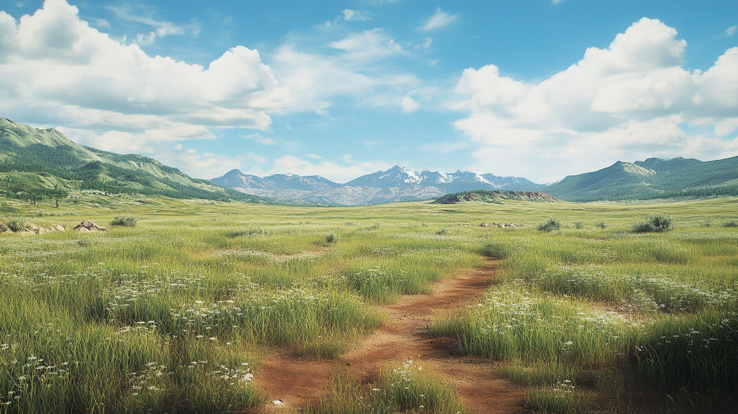 Green grass, brown dirt, muted western wilderness scenery.