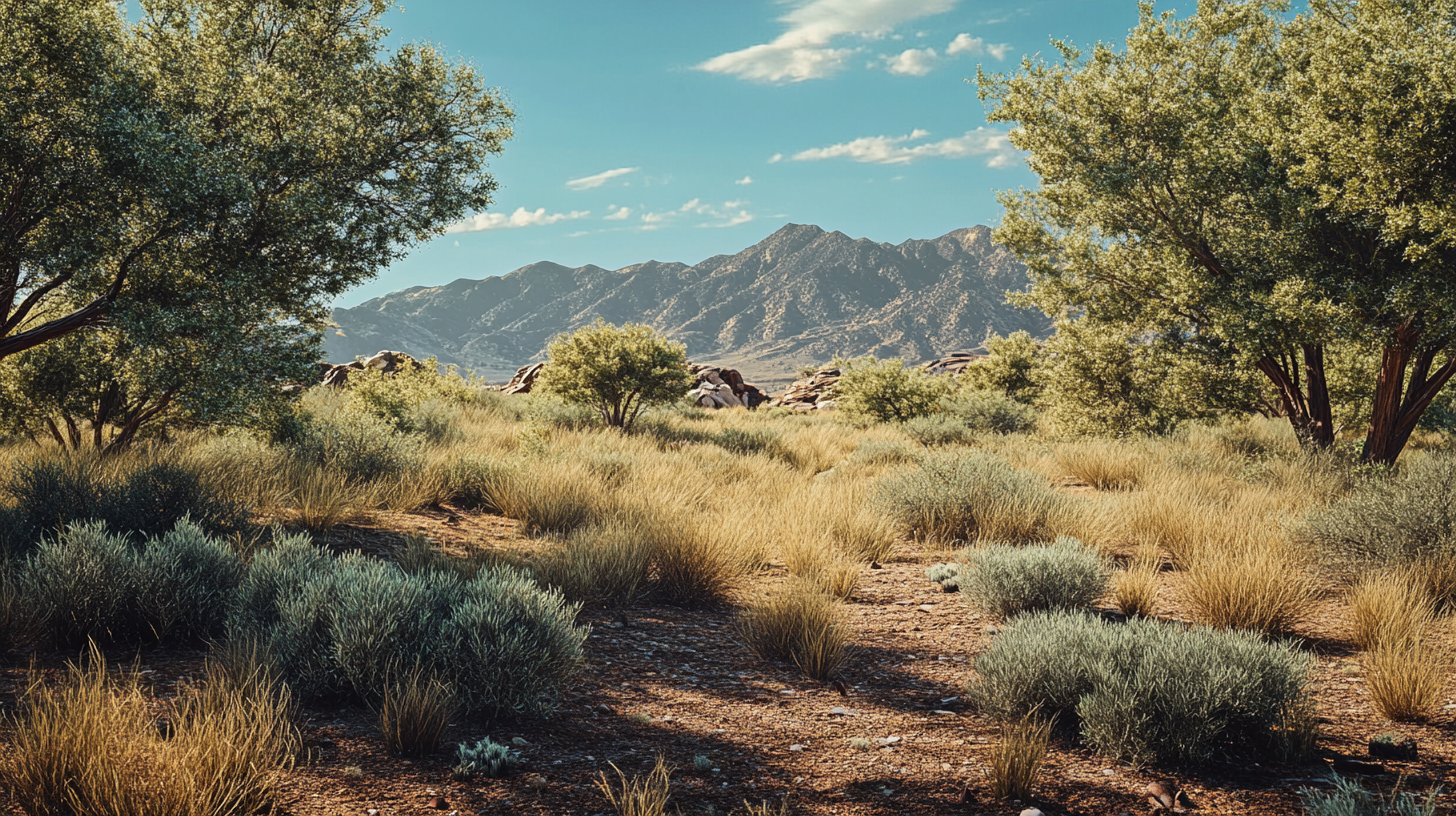 Green grass, brown dirt, overgrown trees, rocky mountains--16:9.