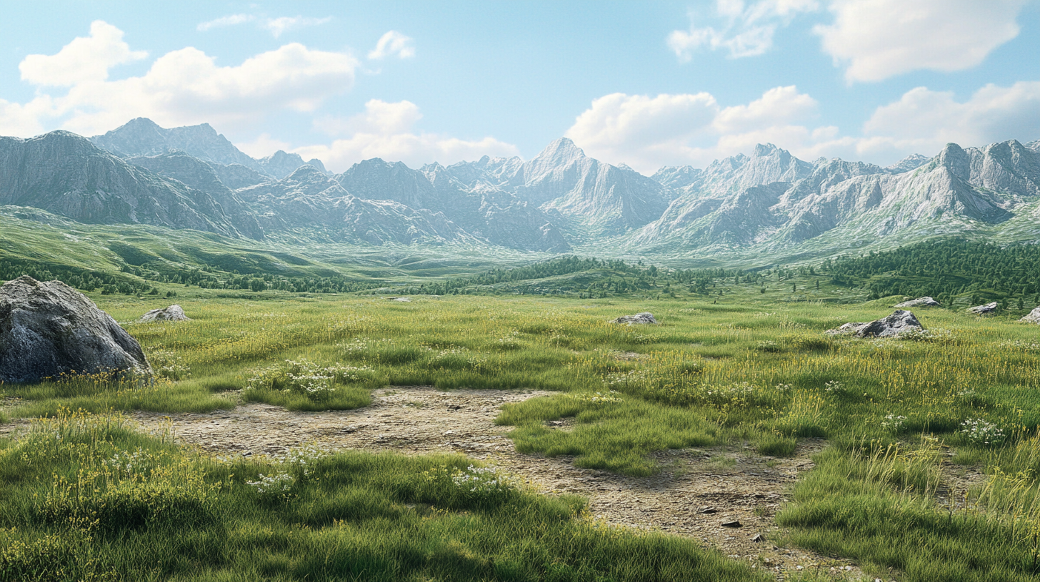 Green grass and brown dirt patches in wilderness.