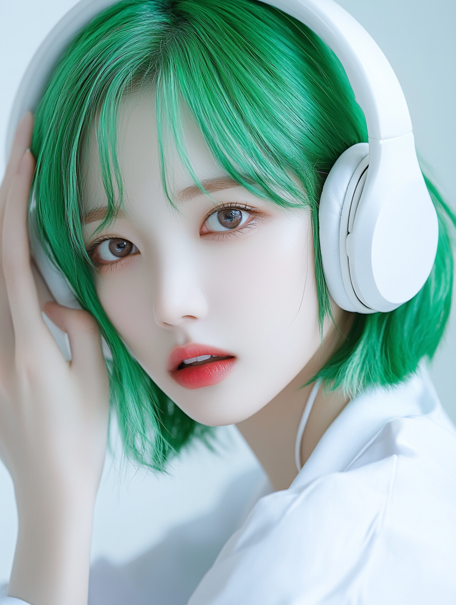 Green-haired girl in white with K-pop style makeup.