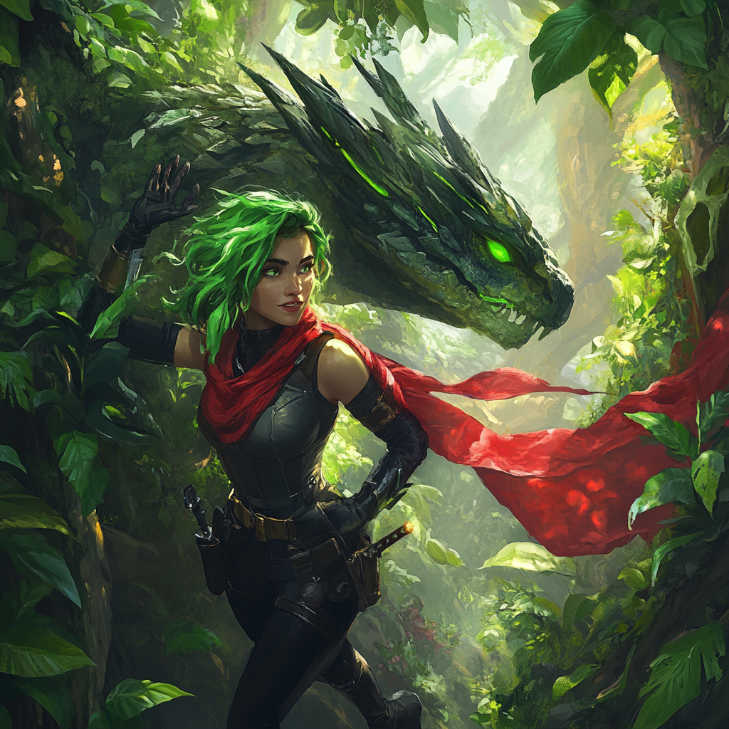 Green-haired superhero faces leafy dragon in forest