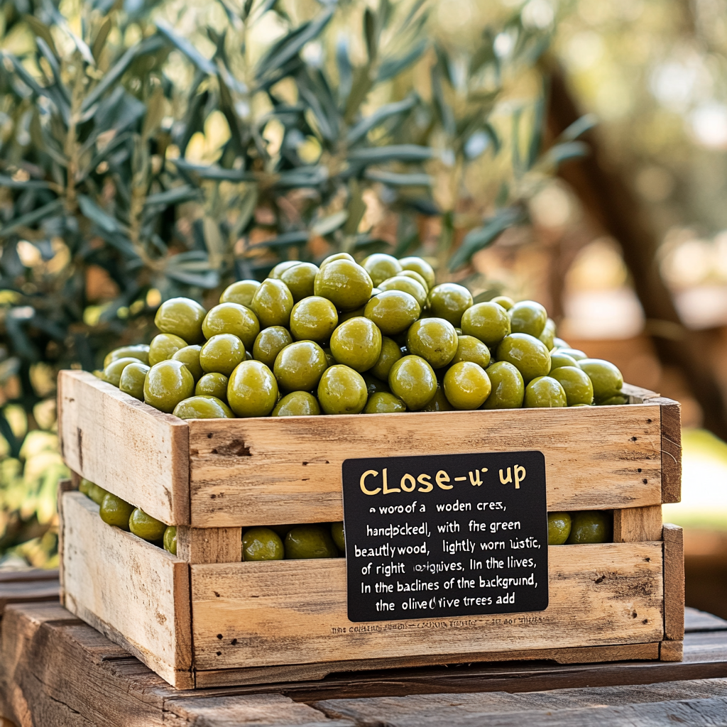 Green olives in rustic wooden box under olive trees