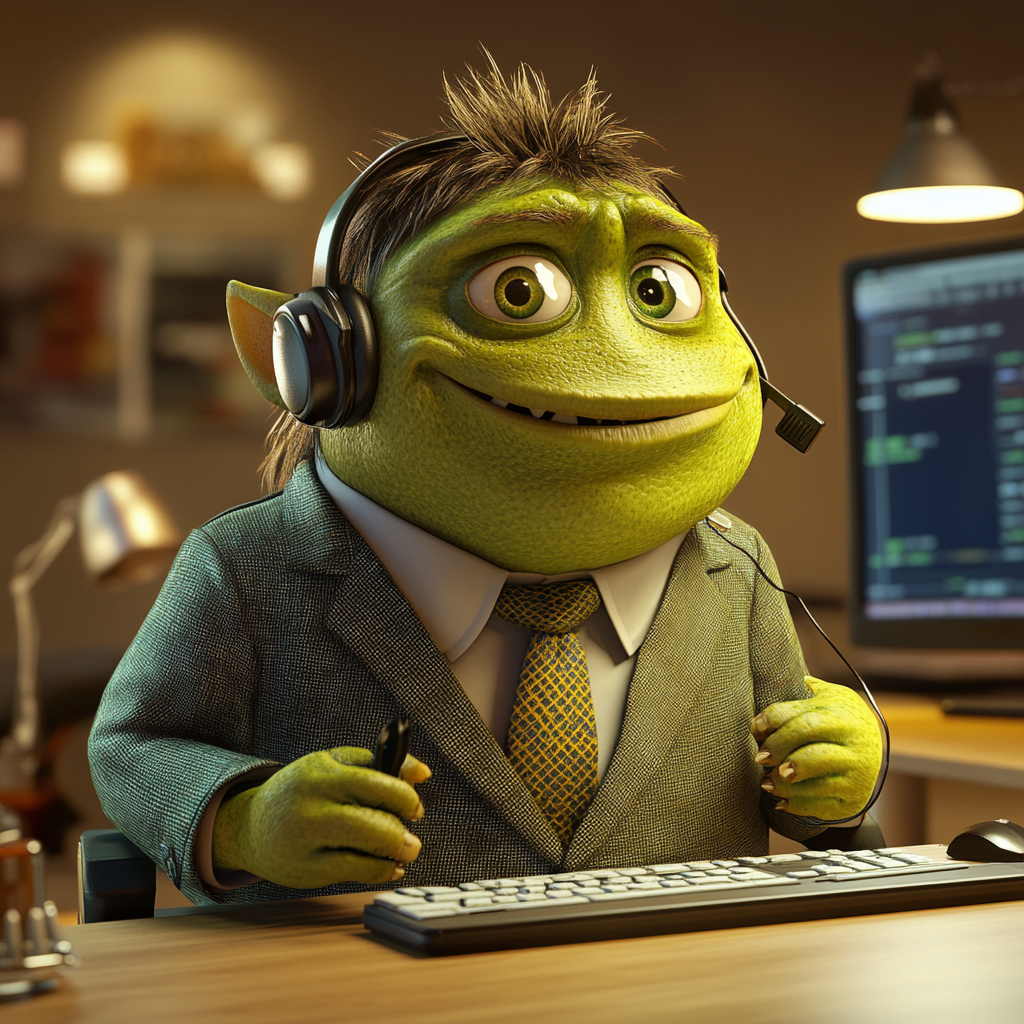 Green orc child call center worker in 3D Pixar style 