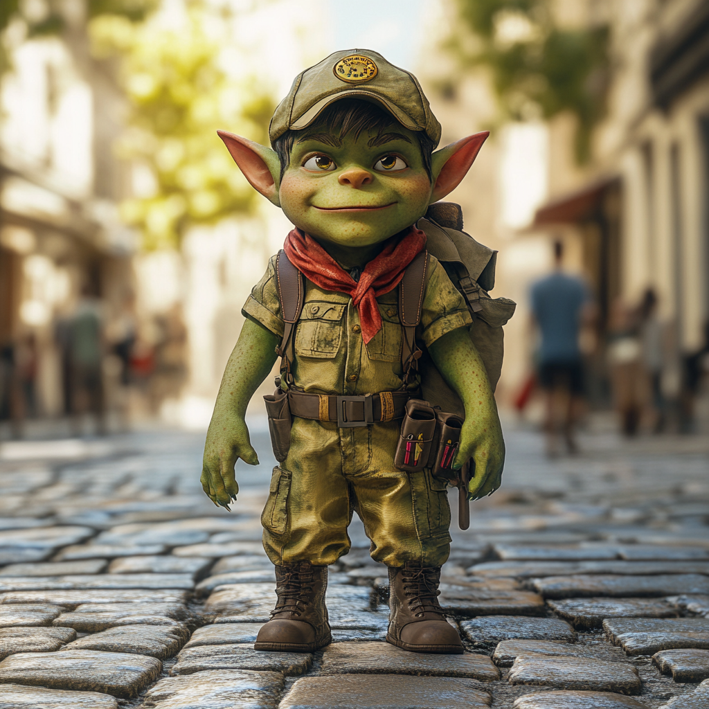 Green orc child in Boy Scout outfit, Pixar 3D render 