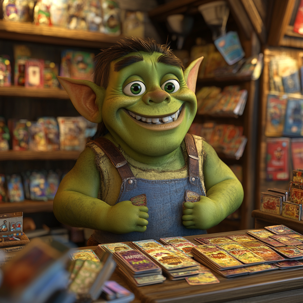 Green orc child manager in Pixar themed card store