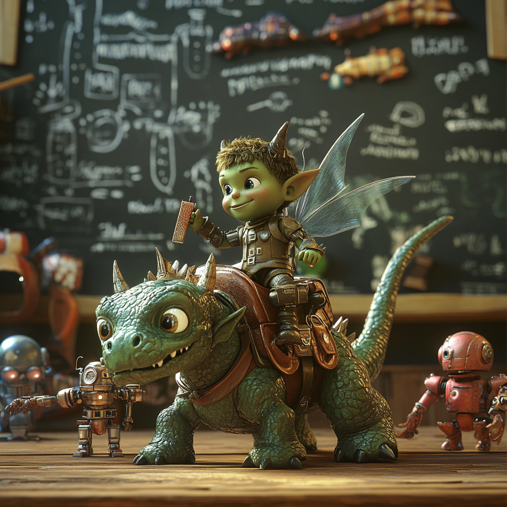 Green orc child on dragon with fairies and robots, chalkboard writing, Pixar theme, 3D render 