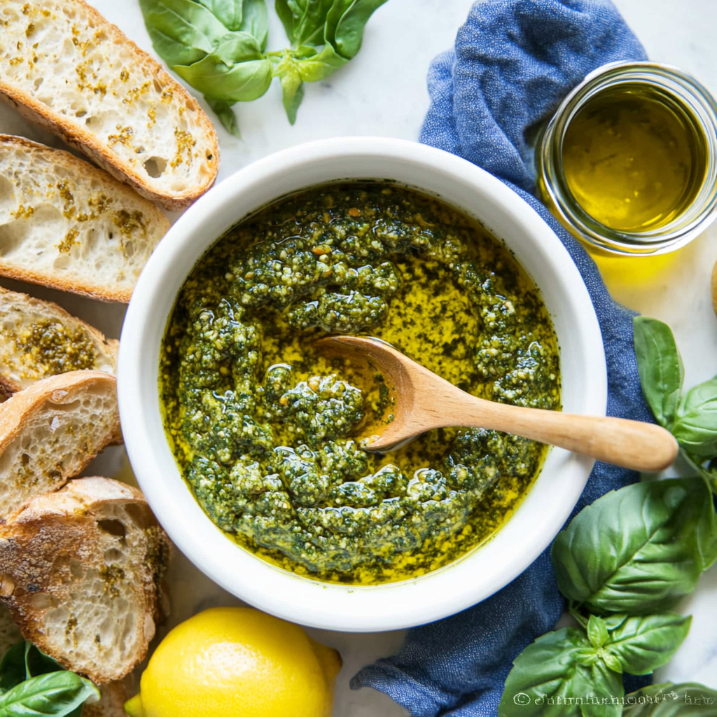 Green pesto bowl with bread slices and herbs