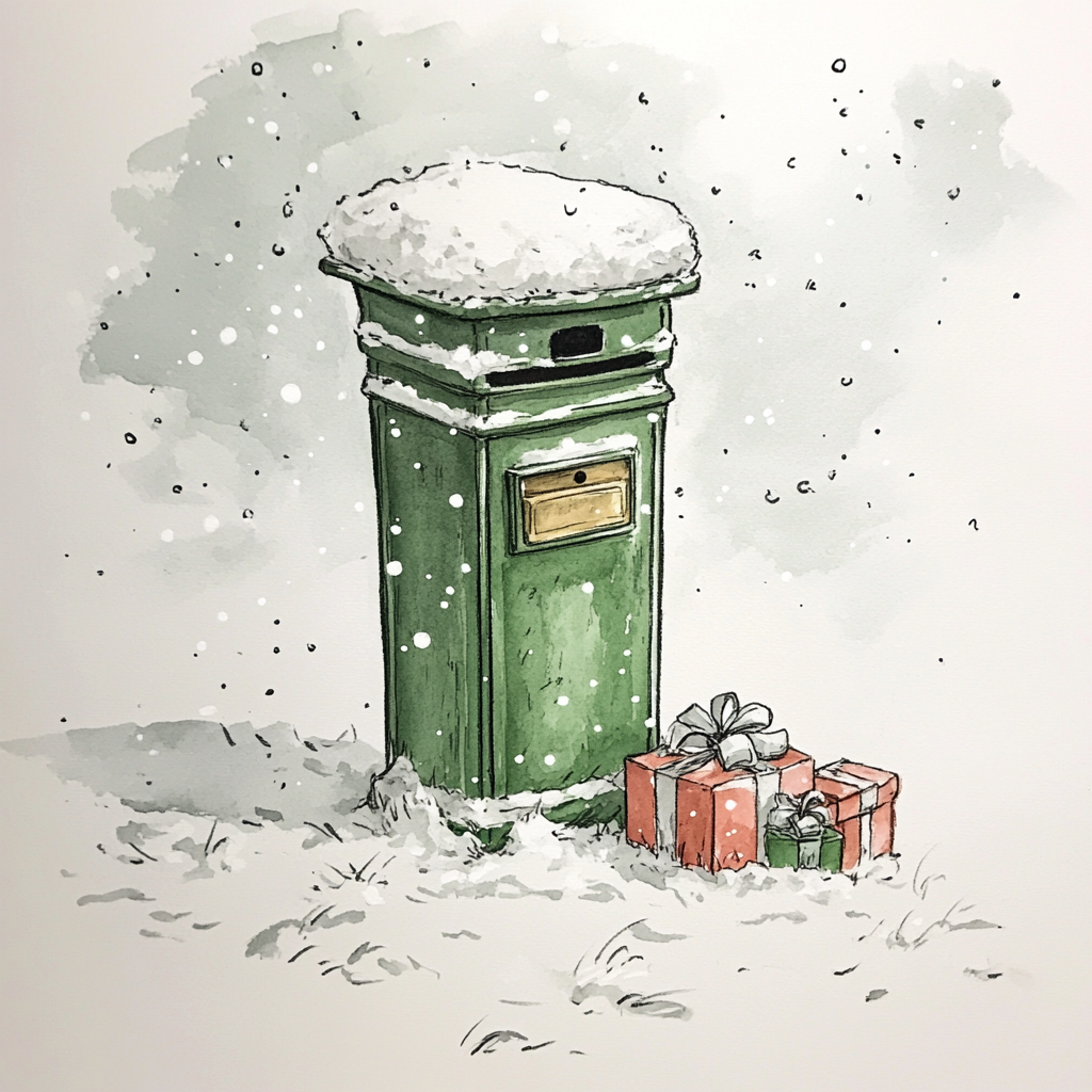 Green post box with presents on ground, snowy background.