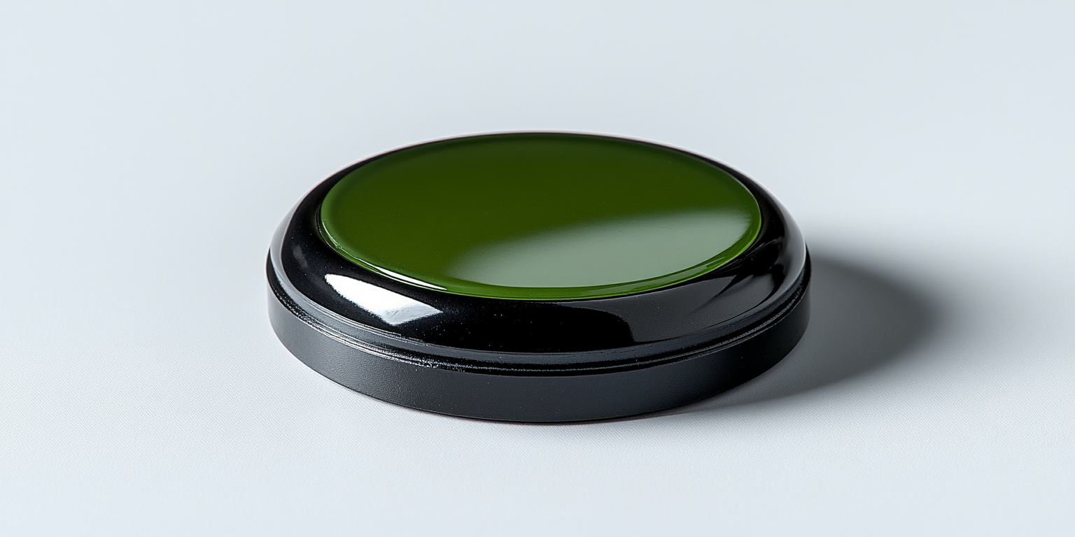 Green round button on black base, glowing, rotated left.