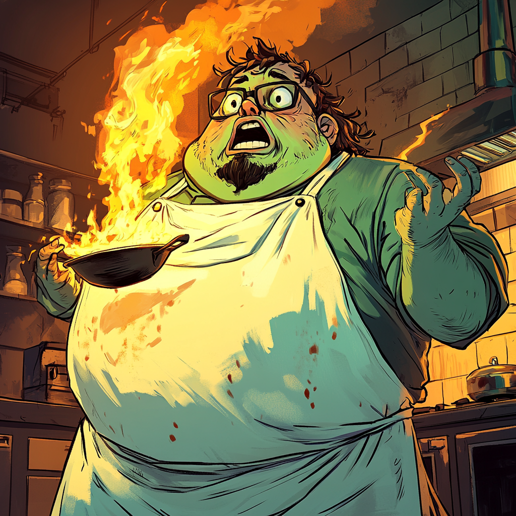 Green-skinned chef panics as pan catches fire.