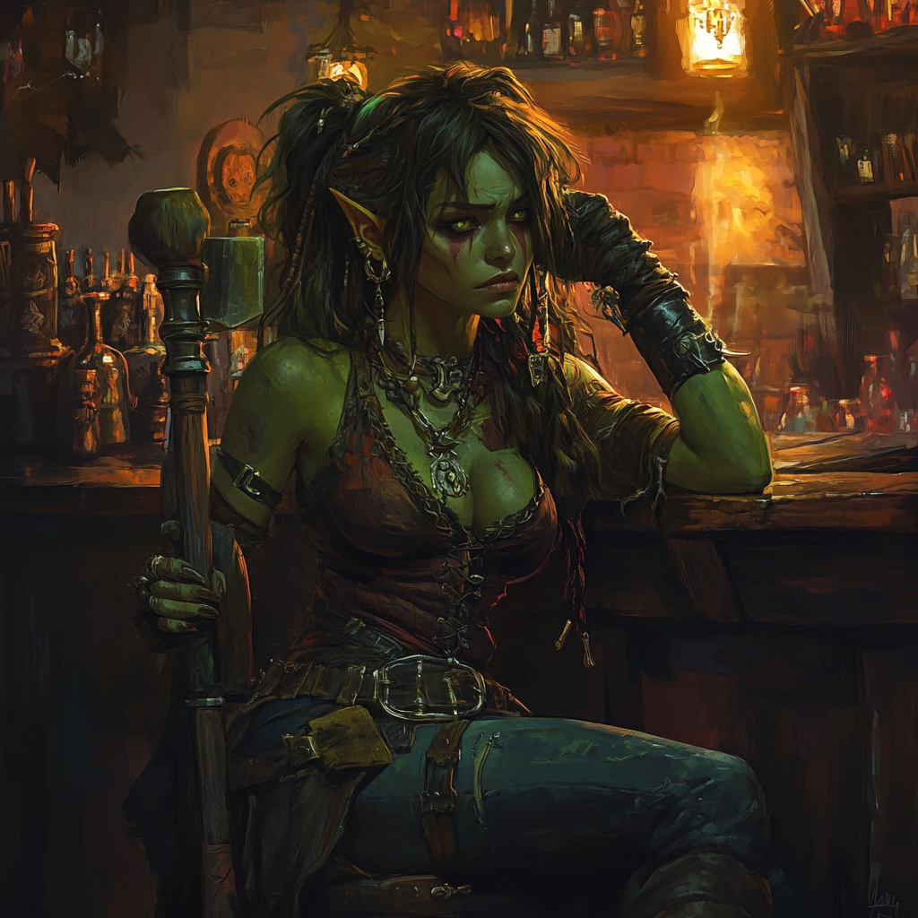 Green-skinned female half-orc pirate in Hell tavern, sad.unsqueeze beauty.