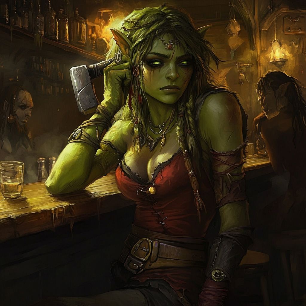 Green-skinned half-orc pirate in Hell, longing for ocean.