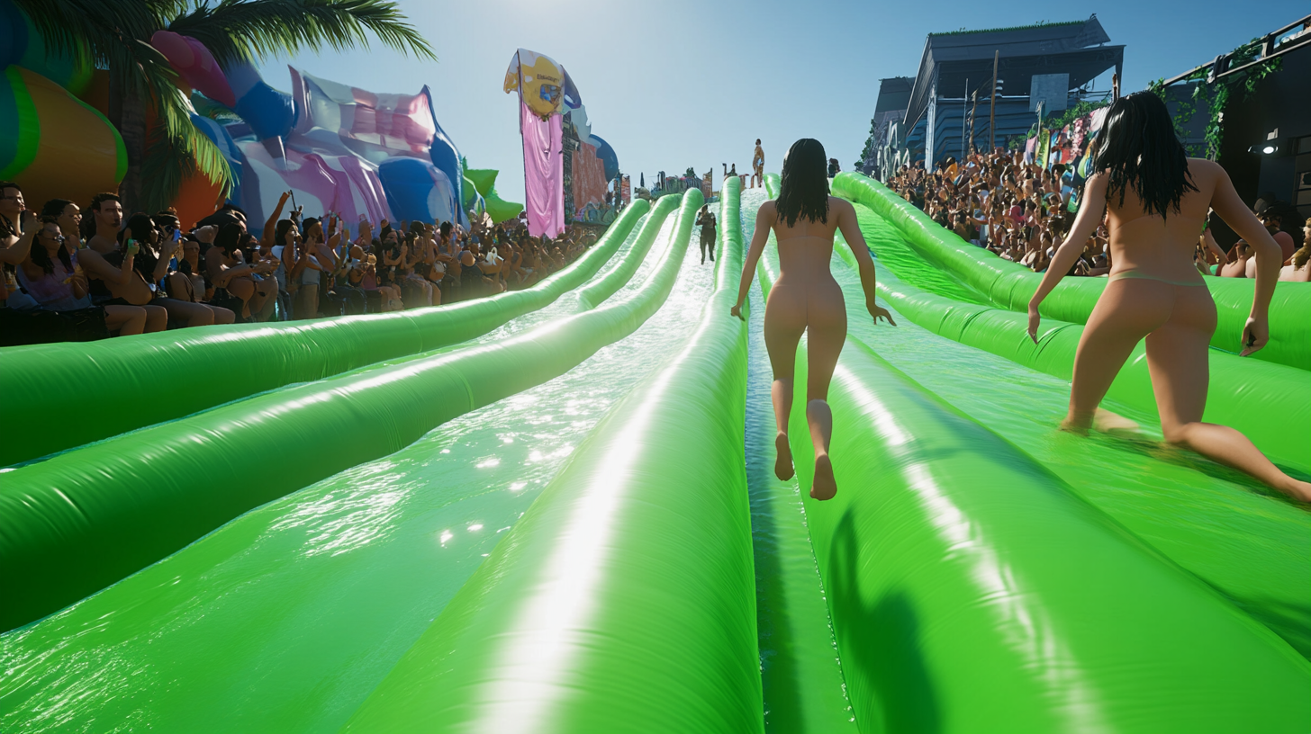 Green slip and slide runway with inflatable models sliding.