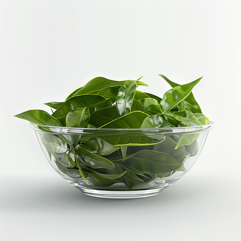 Green tea leaves in glass bowl on white background