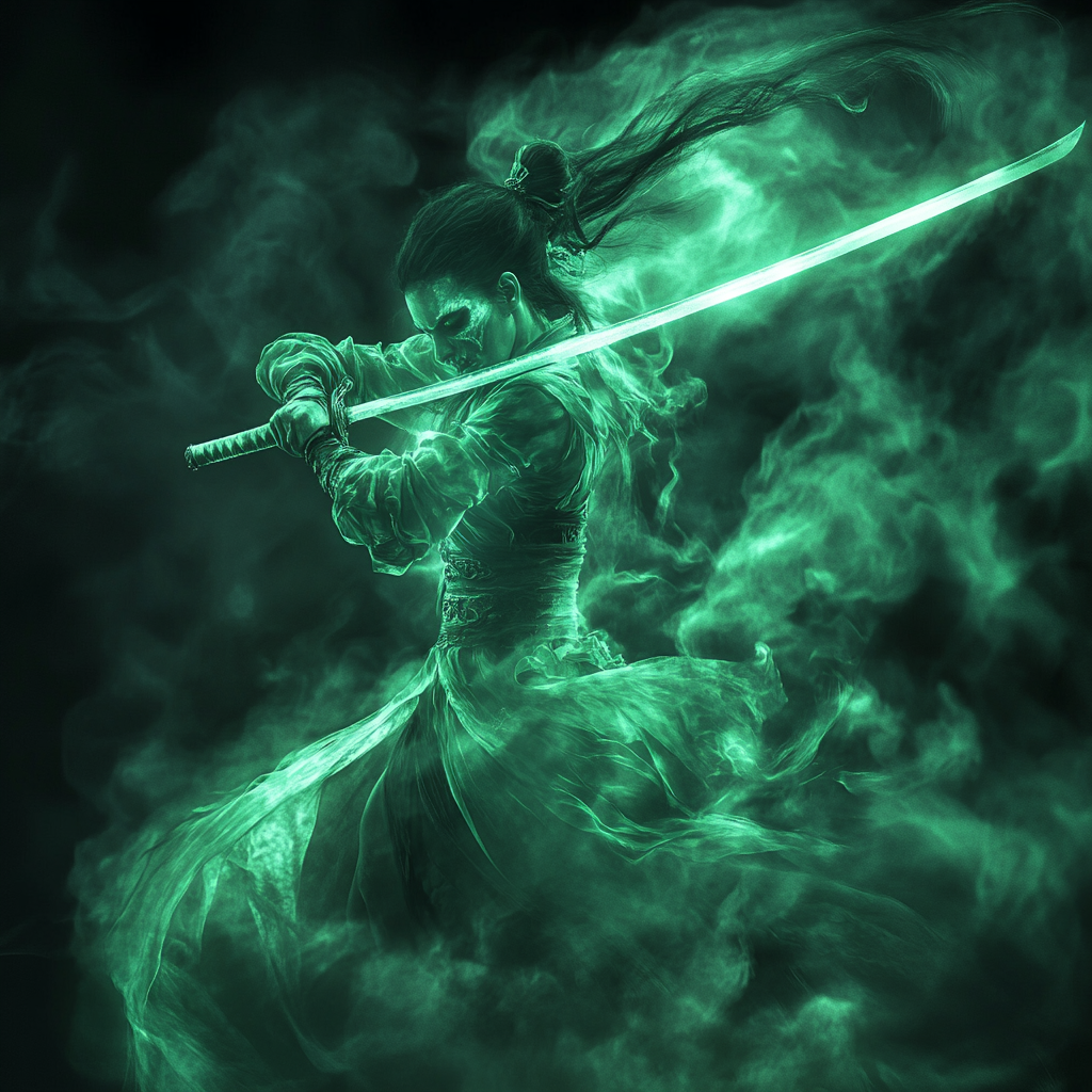 Green translucent undead female warrior swinging sword in the wind.