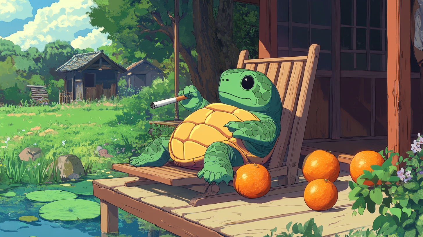 Green turtle with cigarette on chair near oranges and water.