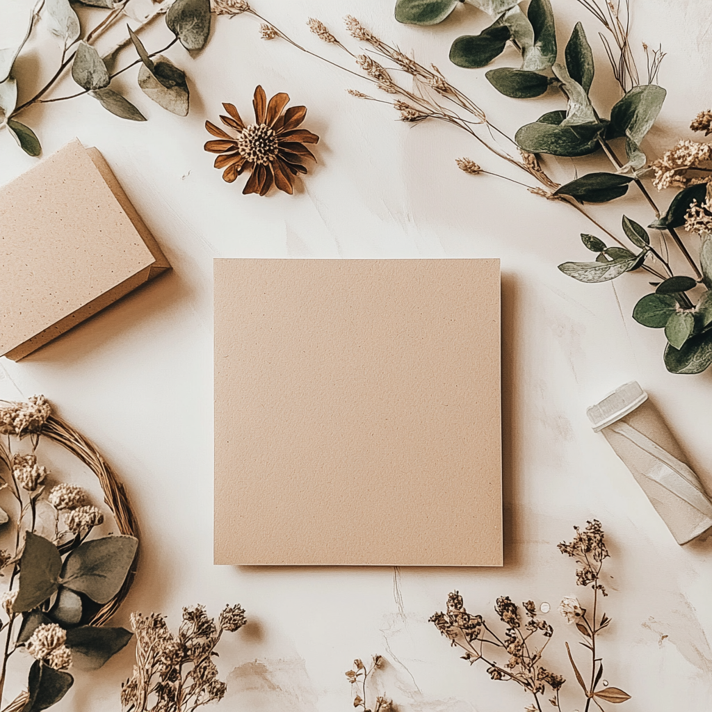 Greeting card surrounded by flowers and greenery.