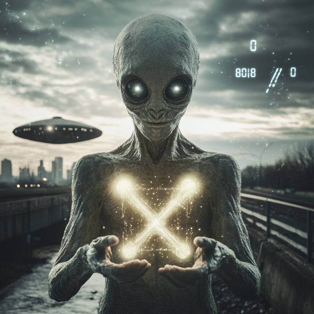 Grey Alien Holds Glowing X Microchip Under UFO Sky