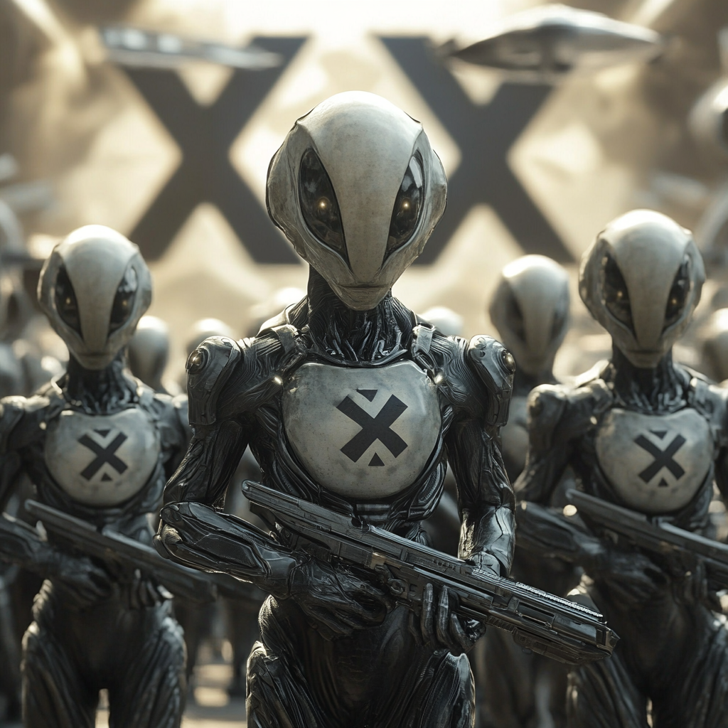 Grey Aliens in Biomechanical Suits with X Logos and Hi-Tech Weapons, UFOs and Letter X by Joe Jusko Style