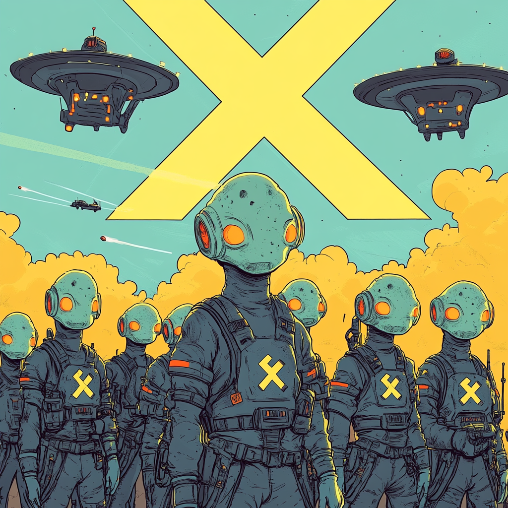 Grey Aliens in X Symbols with UFOs, Matt Furie Style 