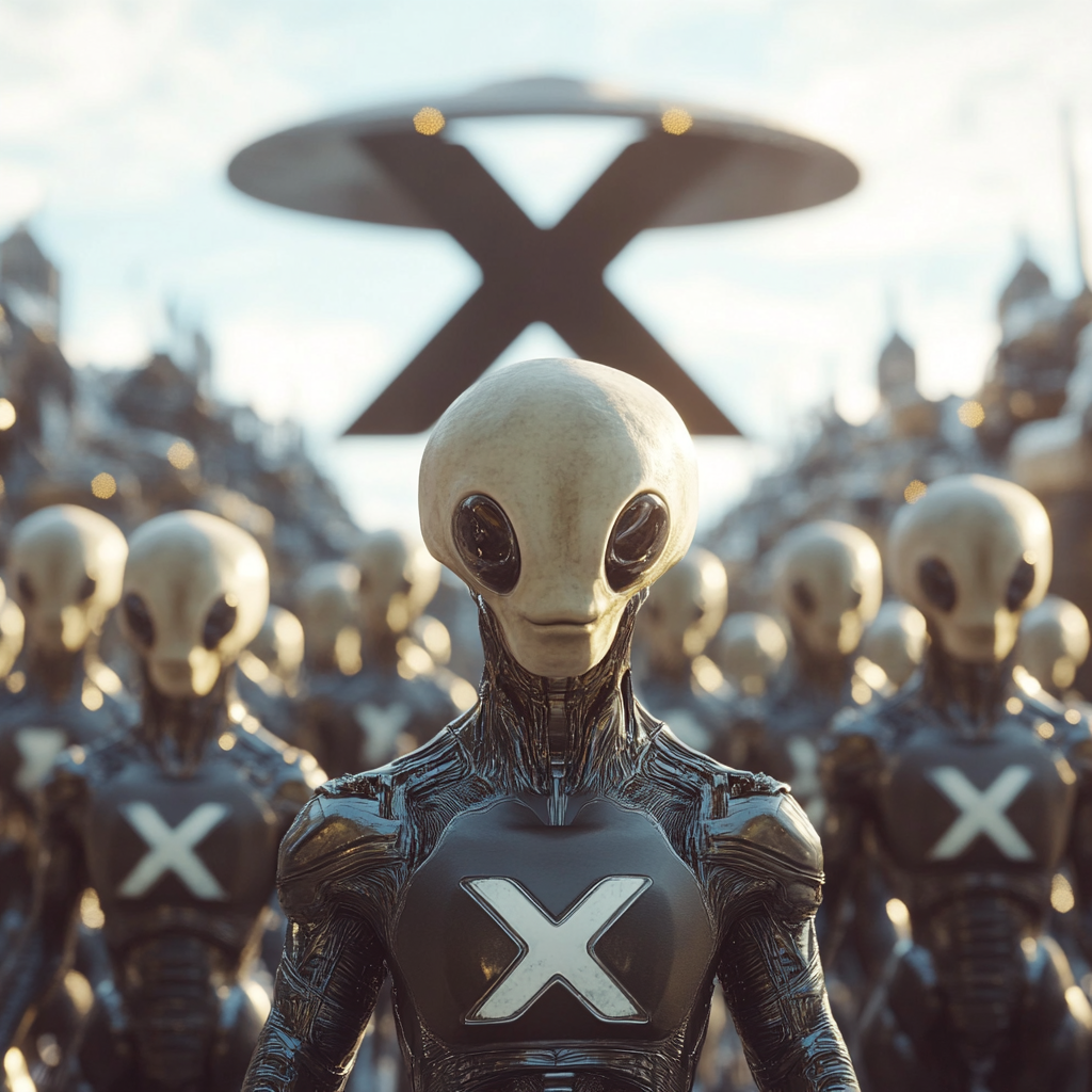 Grey Aliens with X Symbols and UFOs