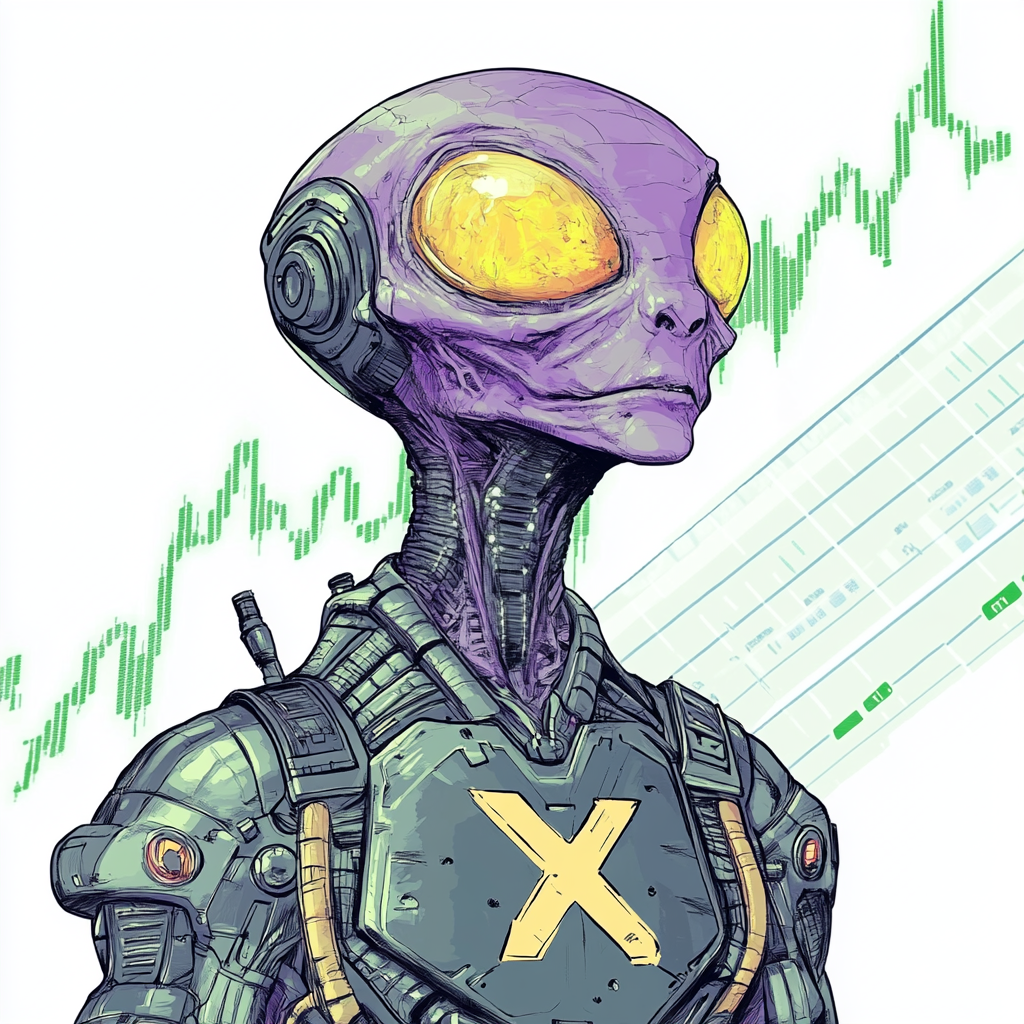 Grey alien amazed by green line on stock chart.