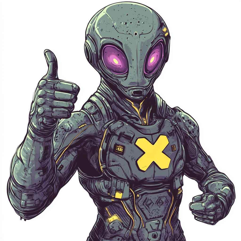 Grey alien in armor, X symbol, thumbs up, UFO.