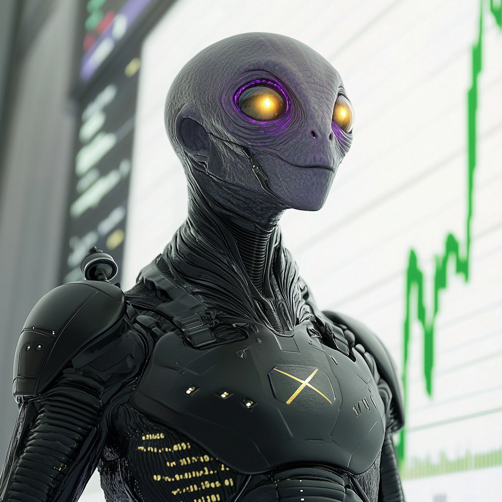 Grey alien in armor amazed by rising stock chart.