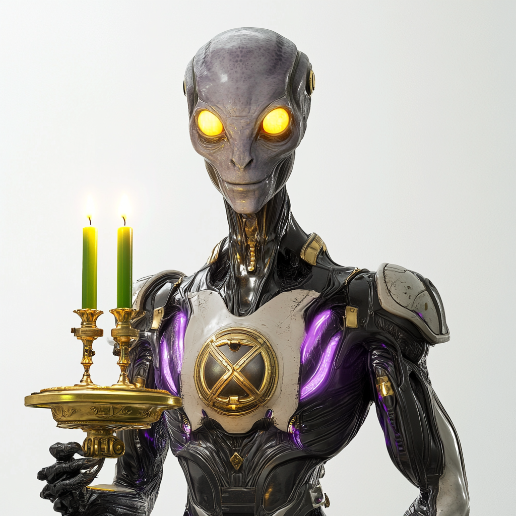 Grey alien in armor holding green candles.