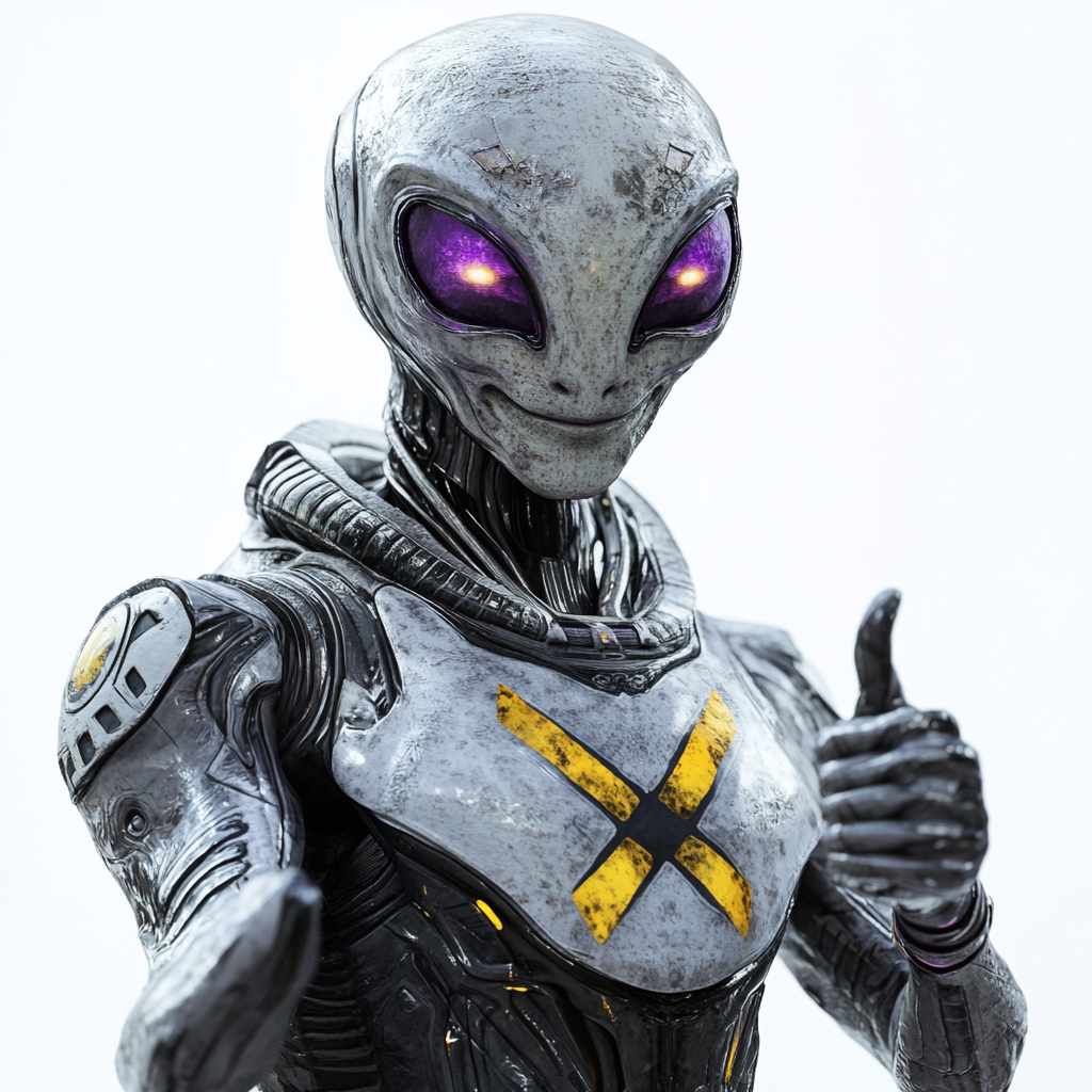 Grey alien in armor with X symbol, giving thumbs-up.