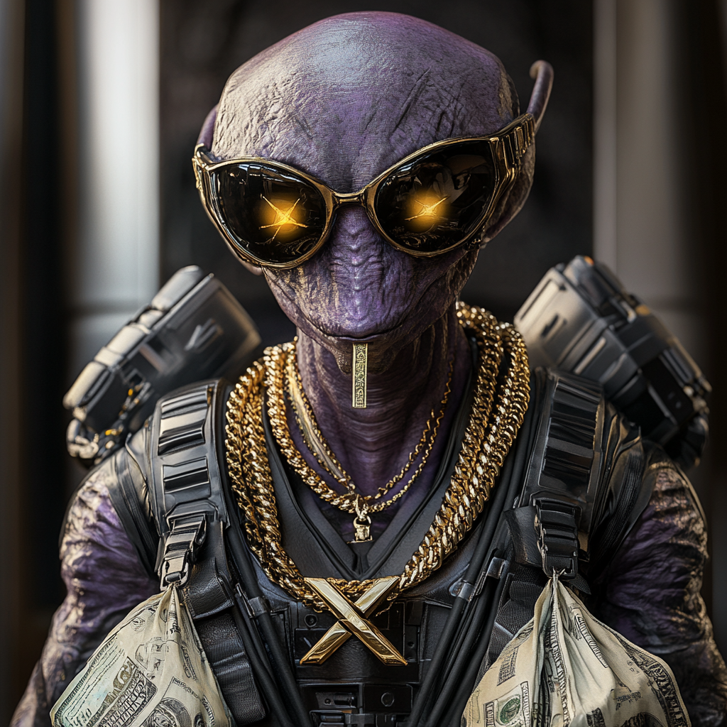 Grey alien in armor with X symbol, holding money.