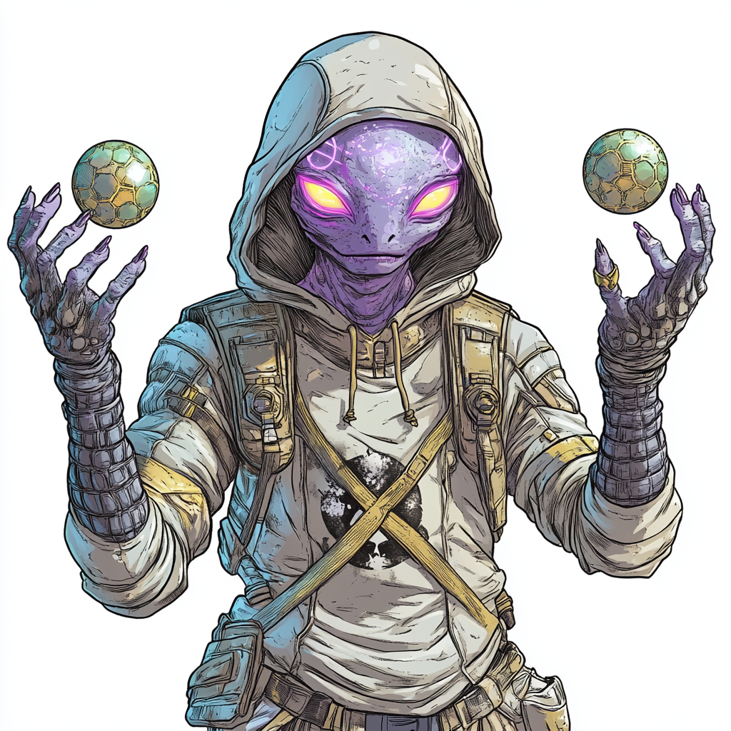 Grey alien in armor with X symbol, levitating spheres.