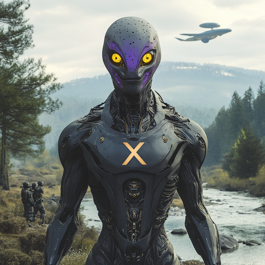 Grey alien in armor with X; army, UFO.