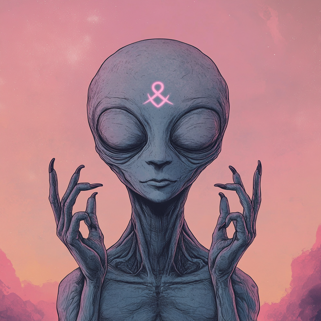 Grey alien meditating with infinity sign, Matt Furie style