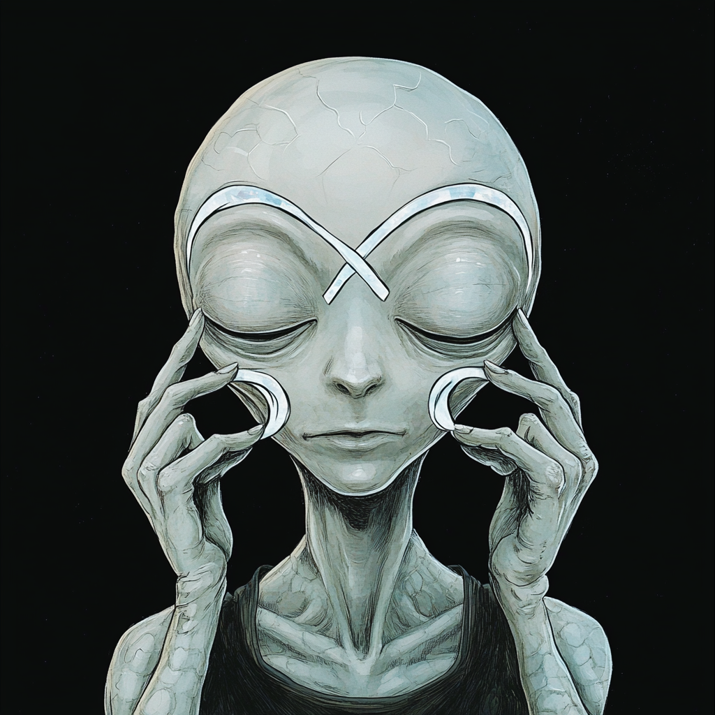 Grey alien meditating with infinity symbol projection