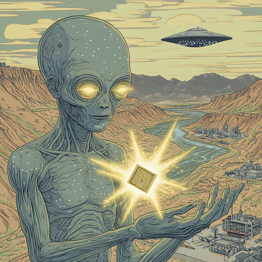 Grey alien with glowing microchip, UFO, rivers scene