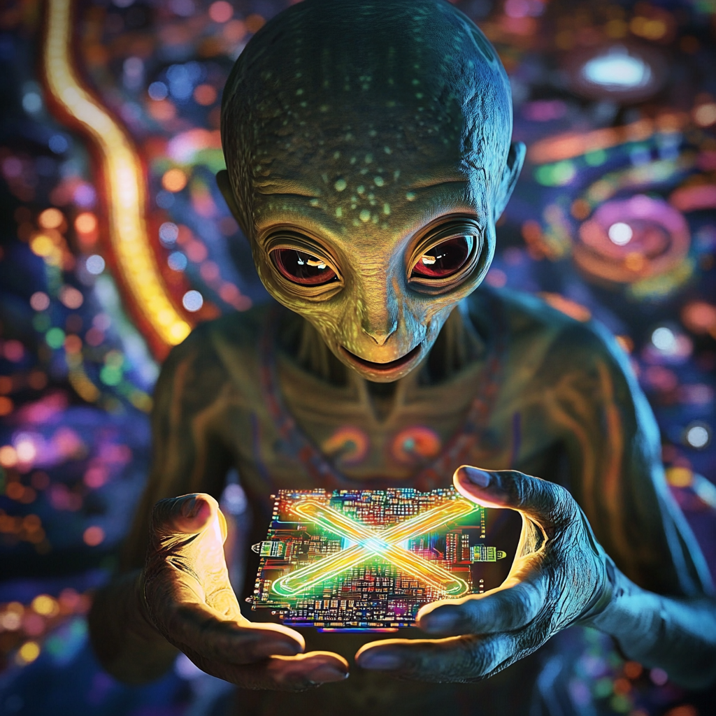 Grey alien with levitating x-shaped microchip, UFO, rivers