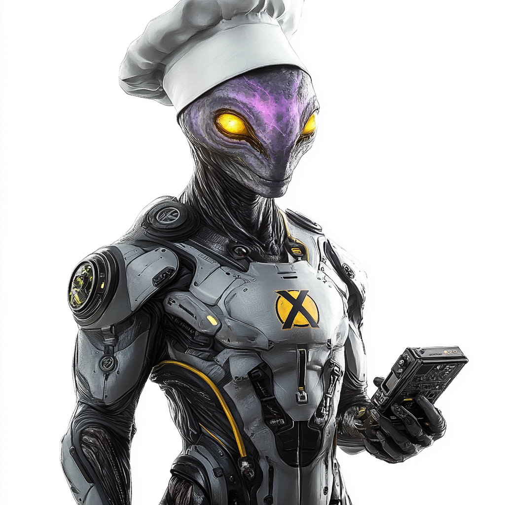 Grey alien with purple tint wearing X-symbol armor.