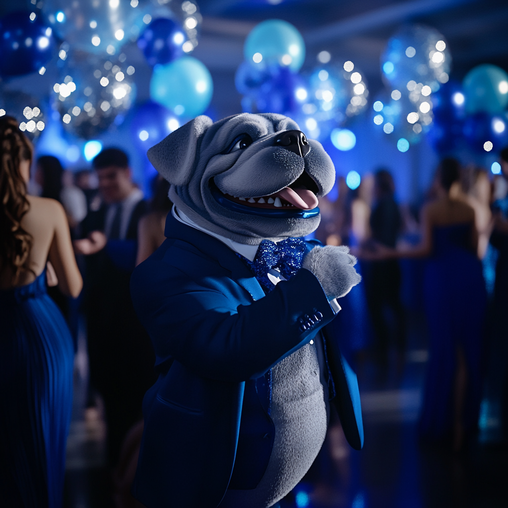 Grey bulldog mascot in blue suit dances at prom