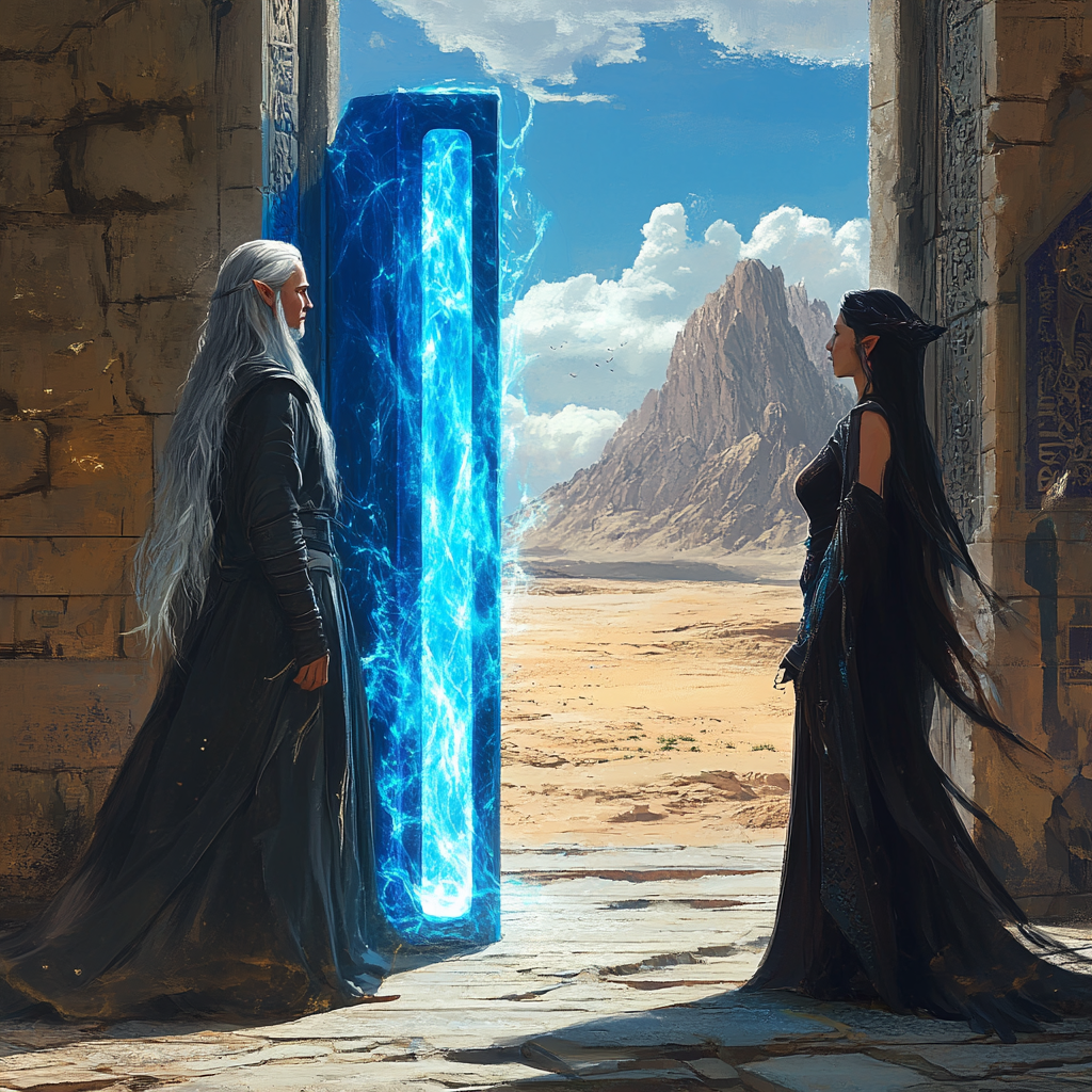 Grey-haired wizard faces queen by magical portal to desert.