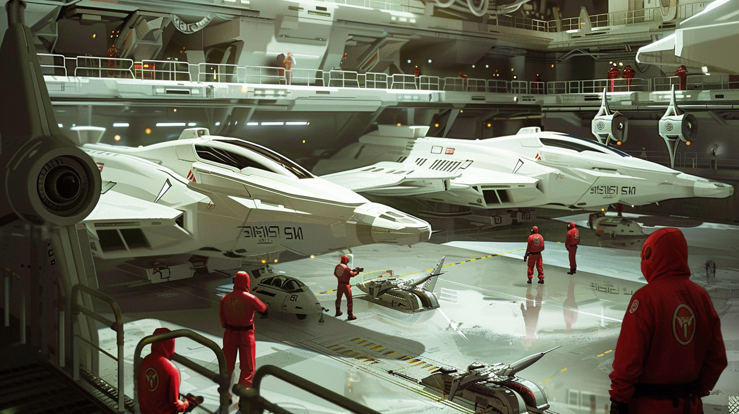 Grey hangar, white spaceships, red jumpsuit guards, guns, manager.