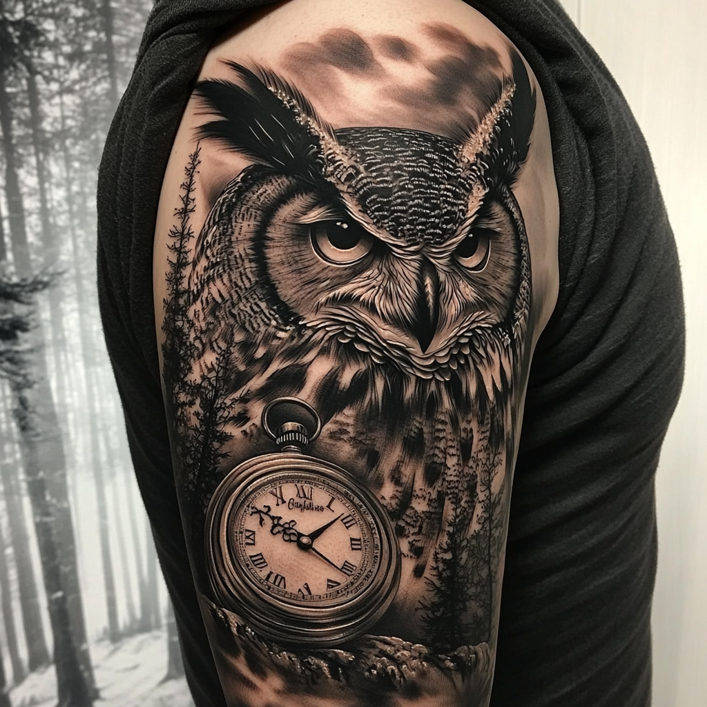 Grey realism half sleeve with owl, watch, forest background.