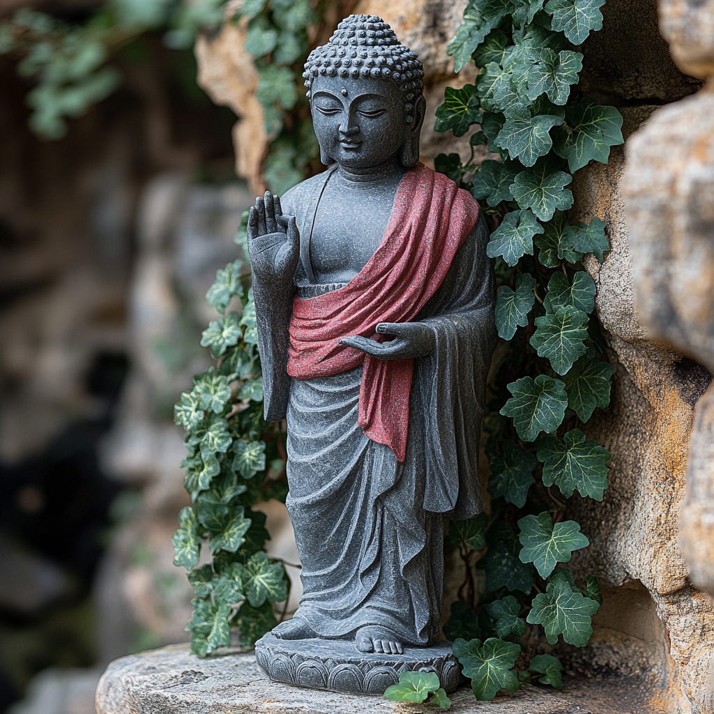 Grey stone Buddha statue with raised hand and green plants.