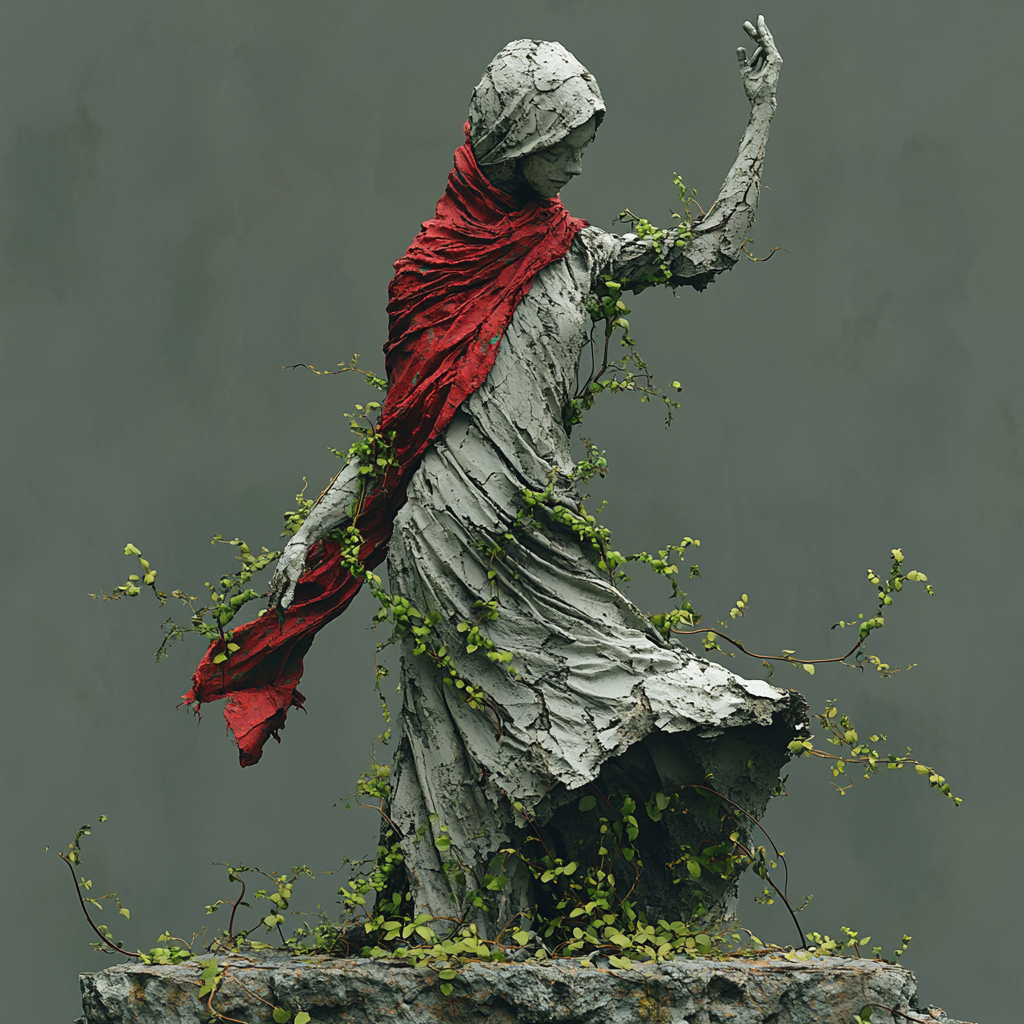 Grey stone statue with raised right hand, red scarf.