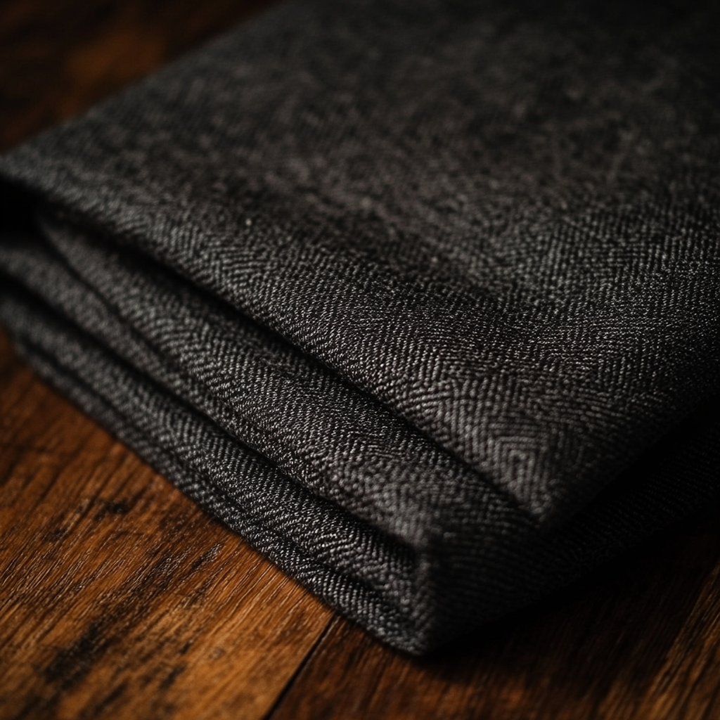 Grey trousers folded on dark wooden surface, soft lighting.